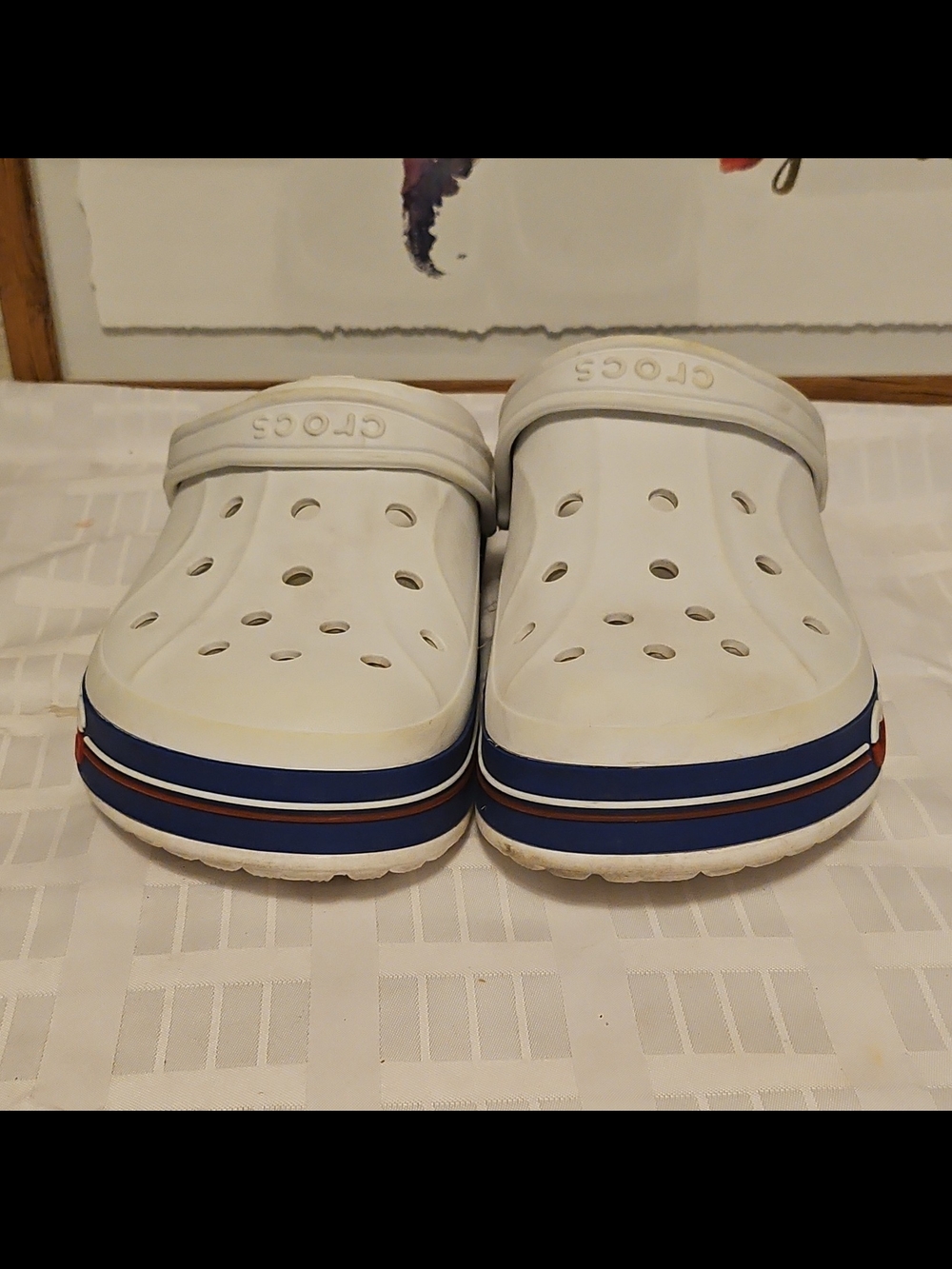 CROCS White Clog Sandals with Blue and Red Trim